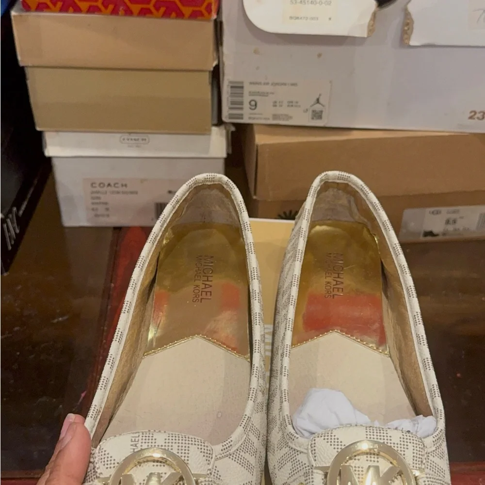 Michael Kors Cream Logo Ballet Flats with Gold MK Emblem